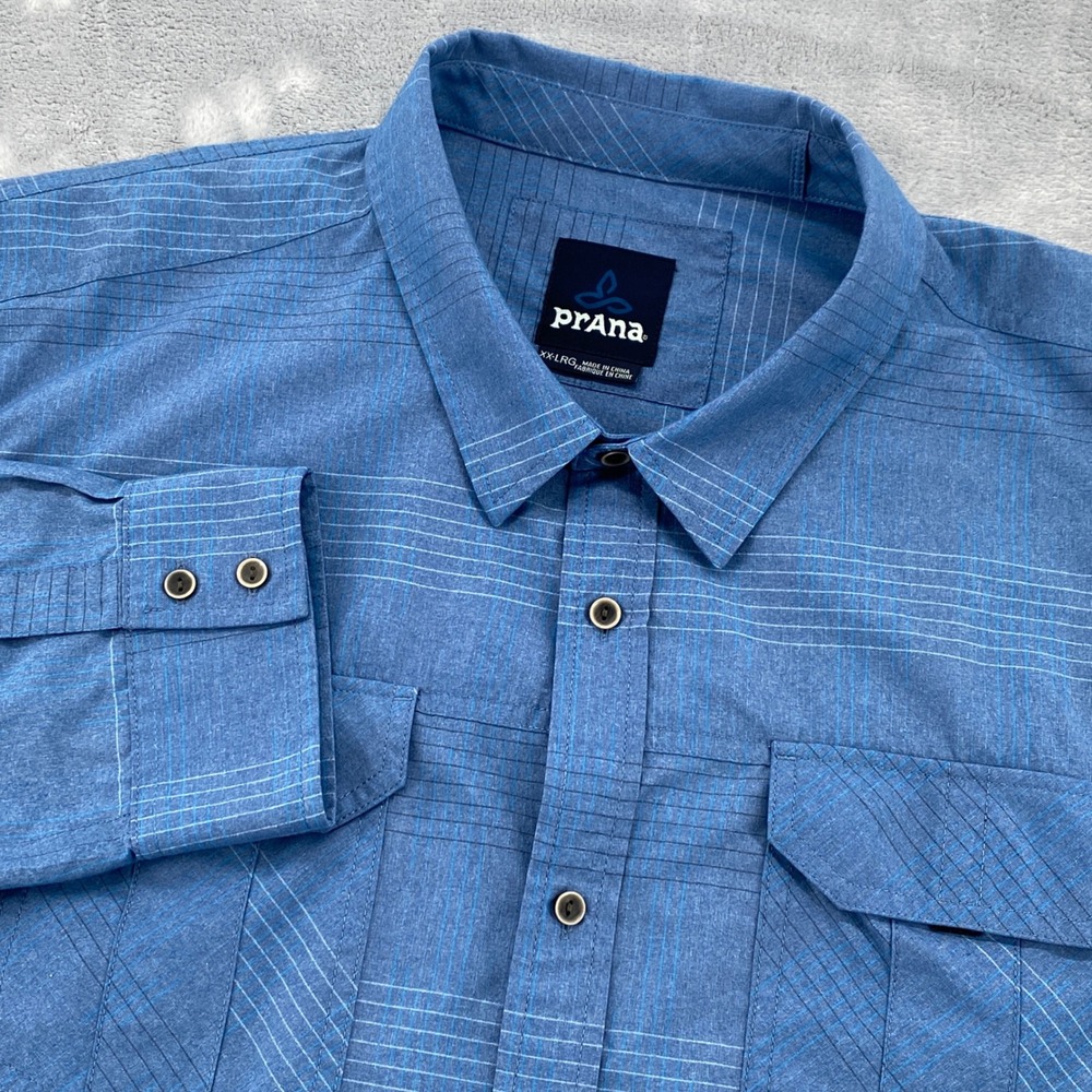 Prana Men XXL Blue Striped Long Sleeve Button Down Hiking Shirt Roll‎ Tab Sleeve